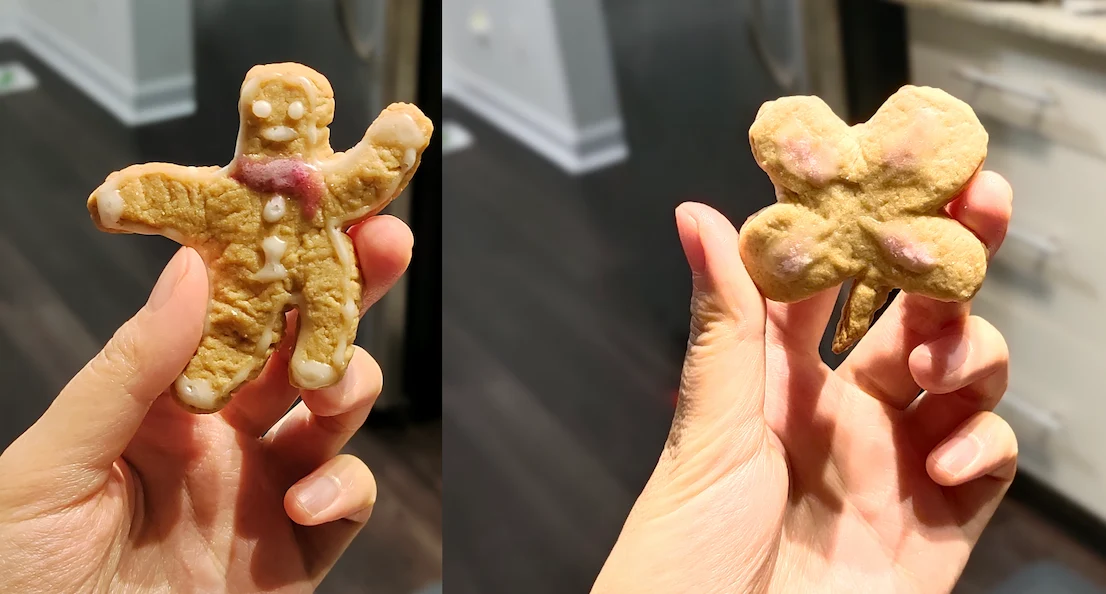 上色后的两个特殊形状的 Gingerman 饼干——正宗姜黄人和妈妈的四叶草🍀